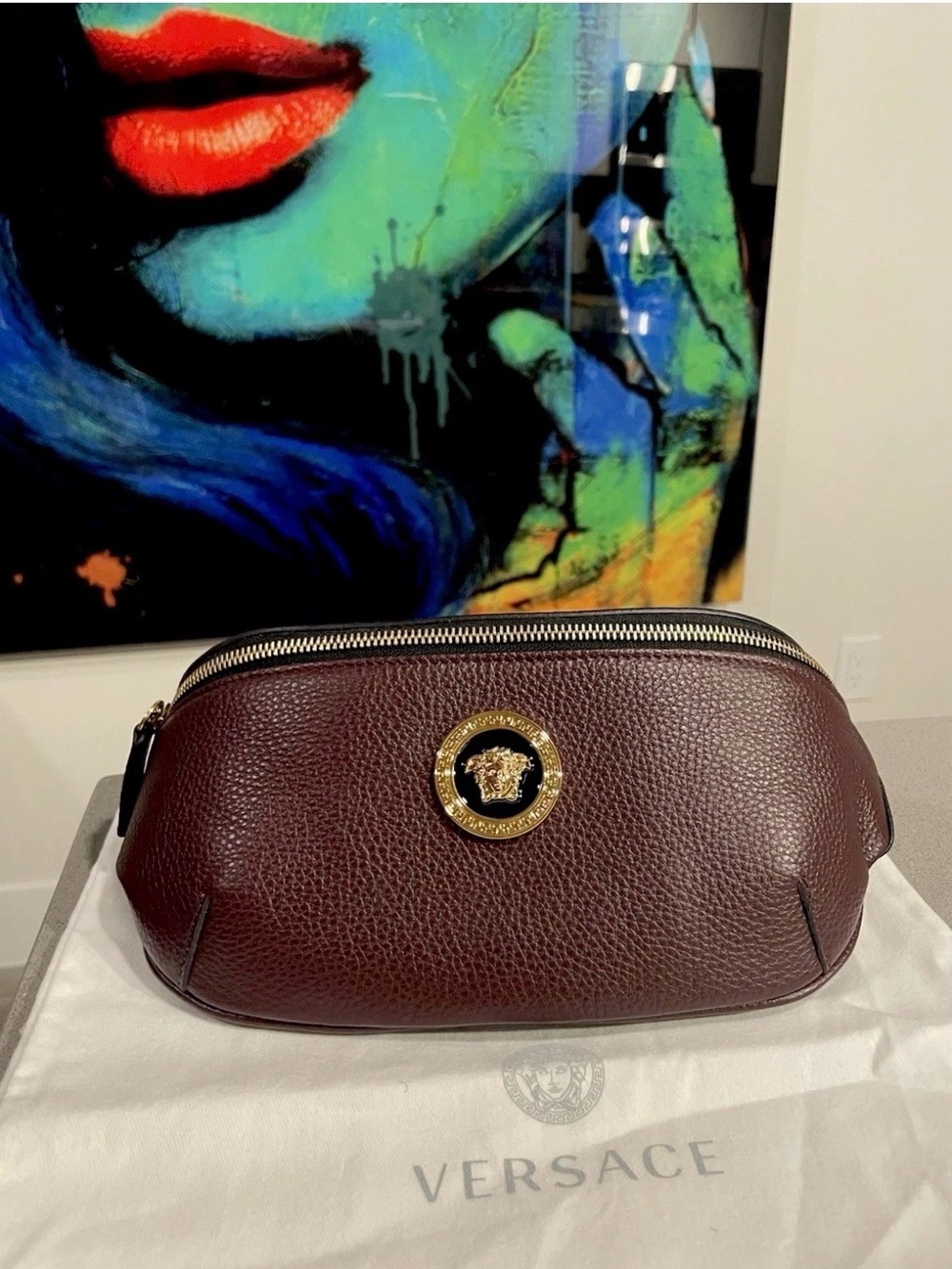 Versace Belt Bag Grainy Calf  Garnet/gold 1002884 $1200 Retail Authentic